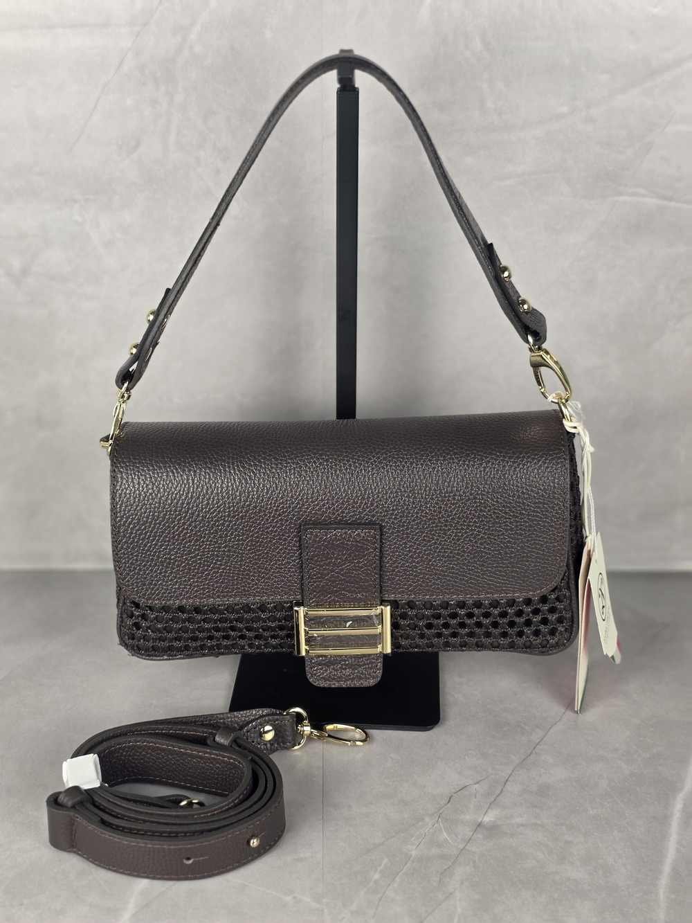 Divina Firenze Women's Dark Brown Leather Shoulder Bag with Gold Hardware